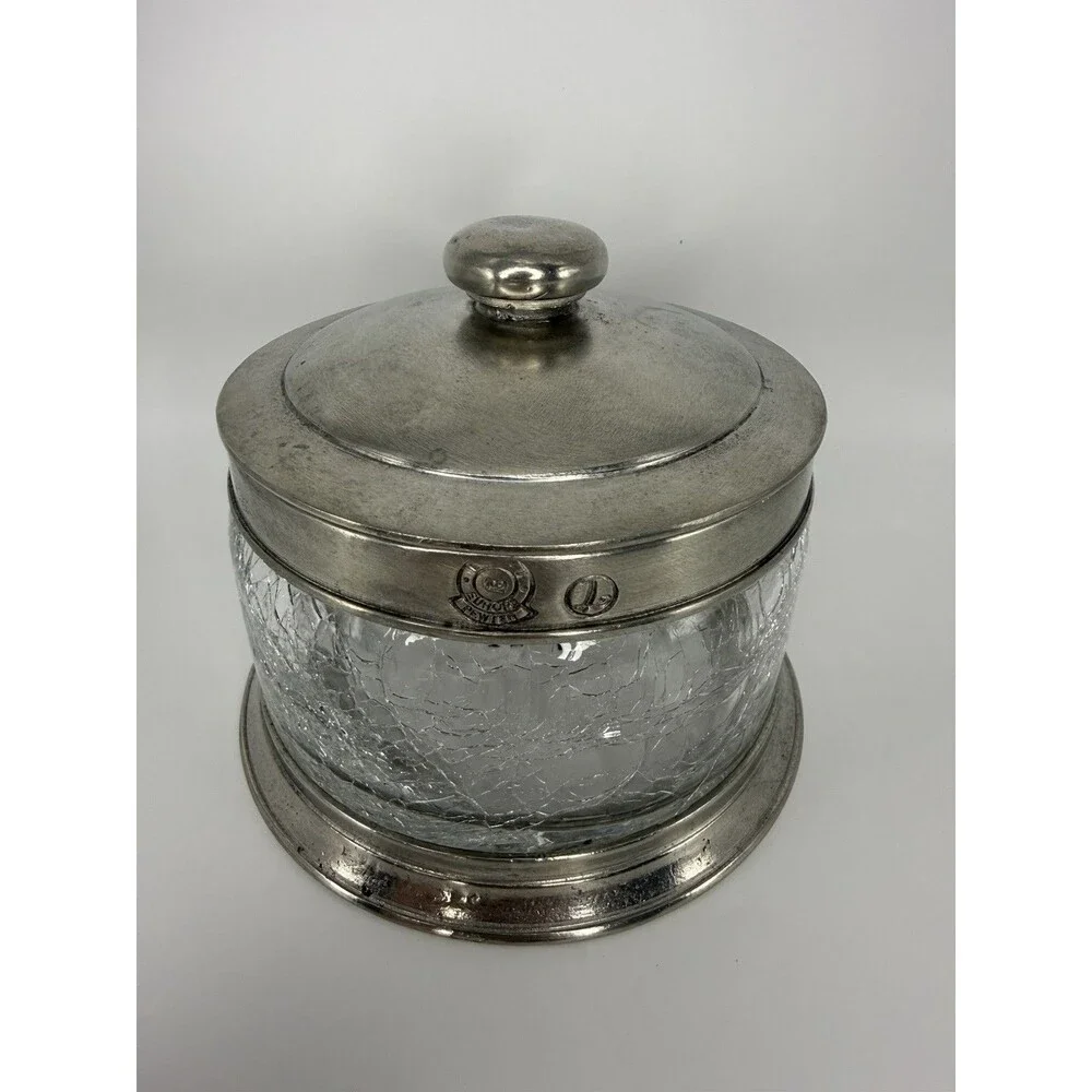Vintage Labrazel Italian Pewter Crackle Glass Vanity Canister Crystina Jar 90s